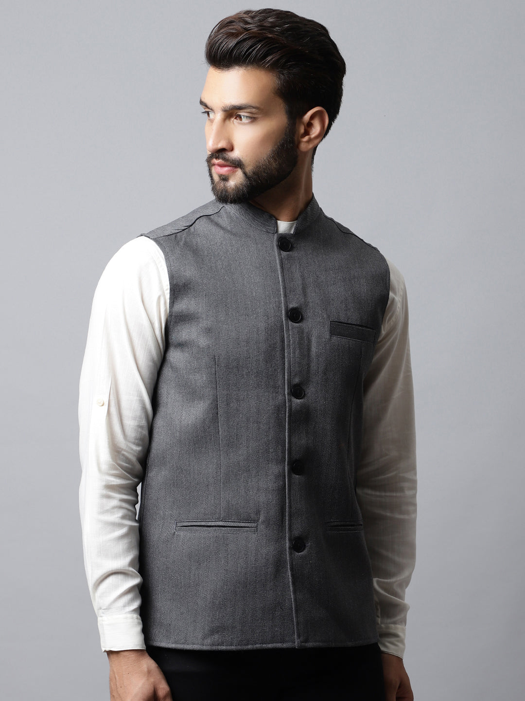 Even Apparels Men's Grey Nehru Jacket With Welt Pockets - Distacart