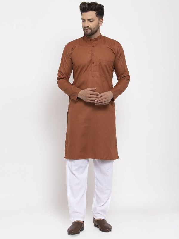 Jompers Men's Brown Cotton Solid Kurta Payjama Sets