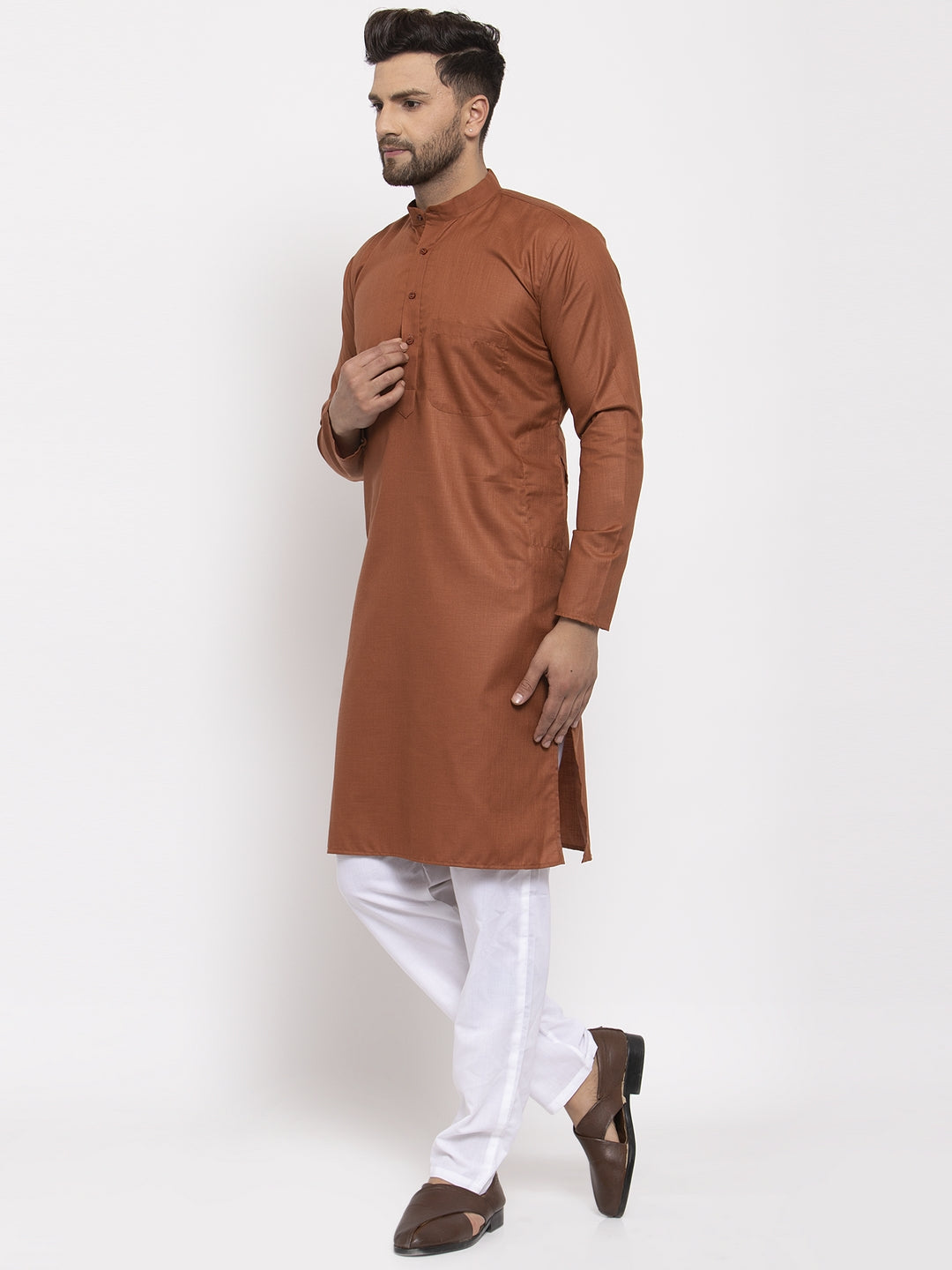 Jompers Men's Brown Cotton Solid Kurta Payjama Sets