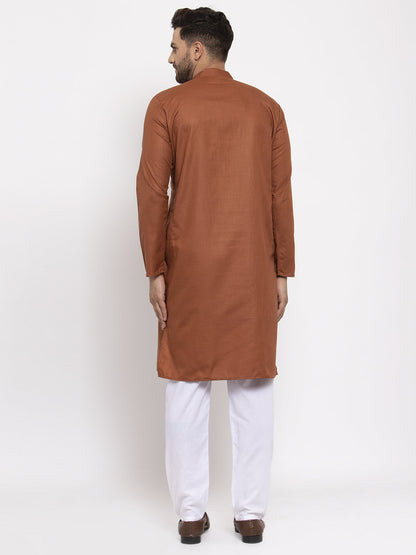 Jompers Men's Brown Cotton Solid Kurta Payjama Sets