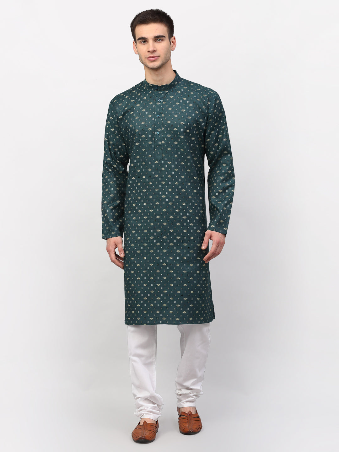 Jompers Men's Olive Printed Cotton Kurta Payjama Sets