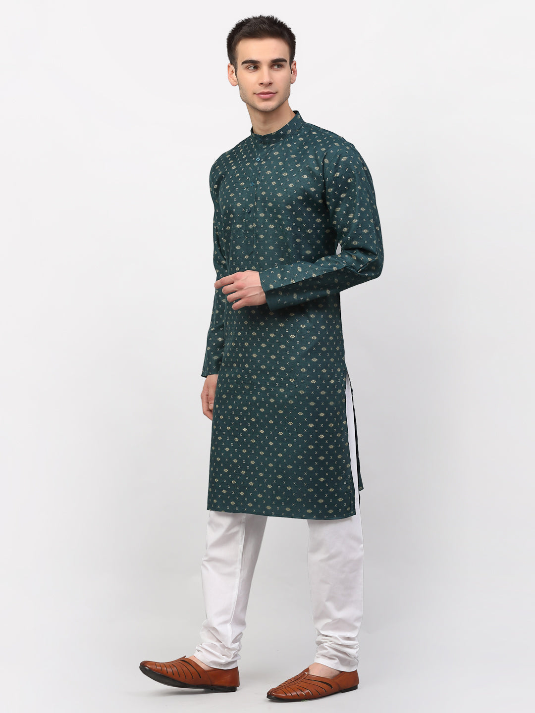 Jompers Men's Olive Printed Cotton Kurta Payjama Sets