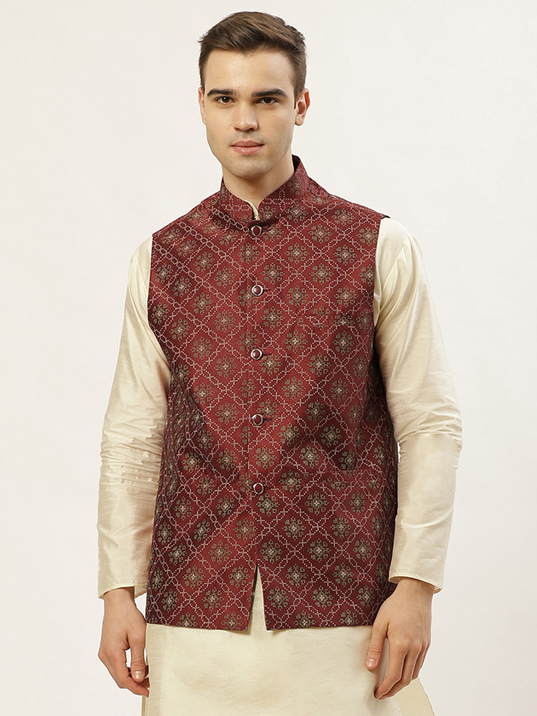 Jompers Men's Beautiful Maroon Printed Nehru Jacket