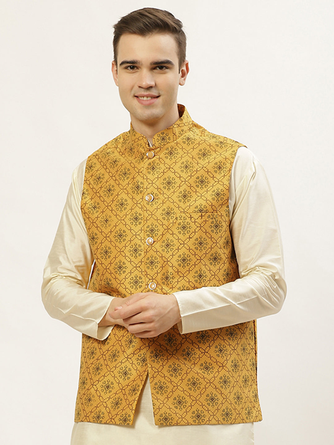 Jompers Men's Mustard Printed Nehru Jacket