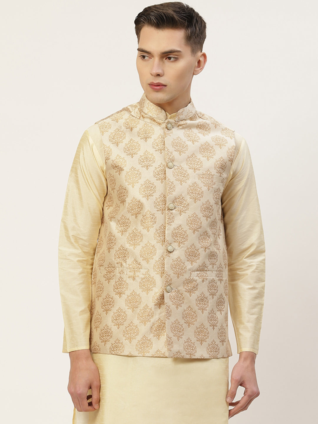 Jompers Men's Beautiful Cream Printed Nehru Jacket