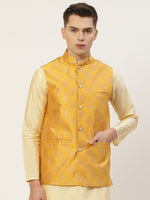 Thumbnail for Jompers Men's Beautiful Mustard Printed Nehru Jacket
