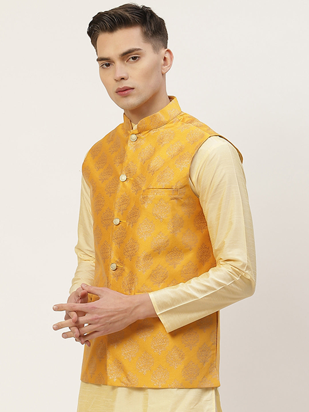 Jompers Men's Beautiful Mustard Printed Nehru Jacket