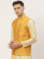 Thumbnail for Jompers Men's Beautiful Mustard Printed Nehru Jacket