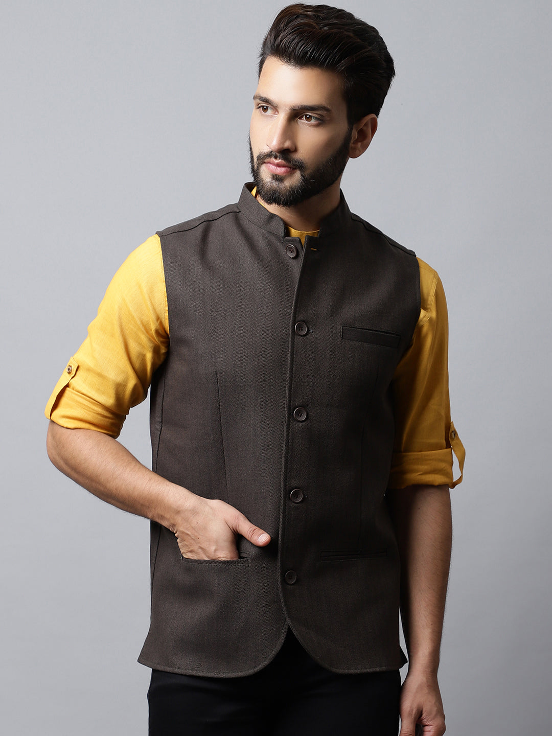 Even Apparels Men's Brown Nehru Jacket With Welt Pockets - Distacart