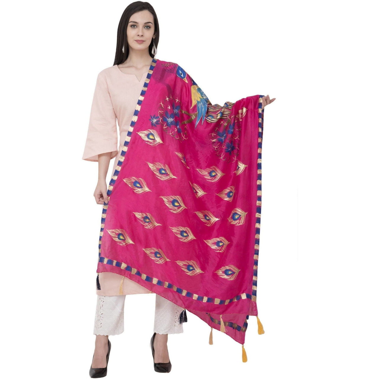 A R Silk Silk Peacock Multi Fancy Dupatta Color Rani Dupatta or Chunni