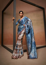 Thumbnail for Blue Satin Digital Printed Saree with Unstitched Blouse Piece - Jodha - Distacart