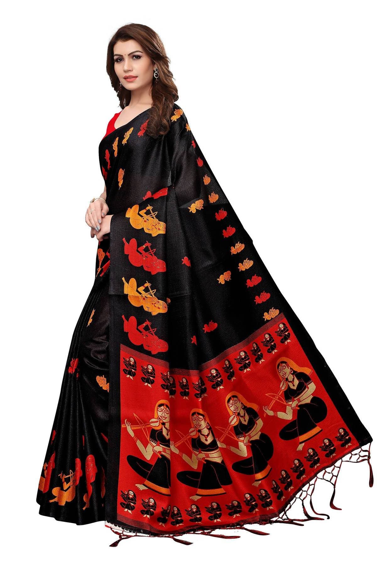 Vamika Black & Red Kalamkari With Jhalar Khadi Silk Saree