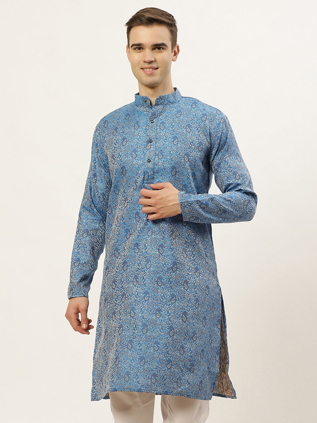 Jompers Men's Blue Printed Jacquard Kurta Only