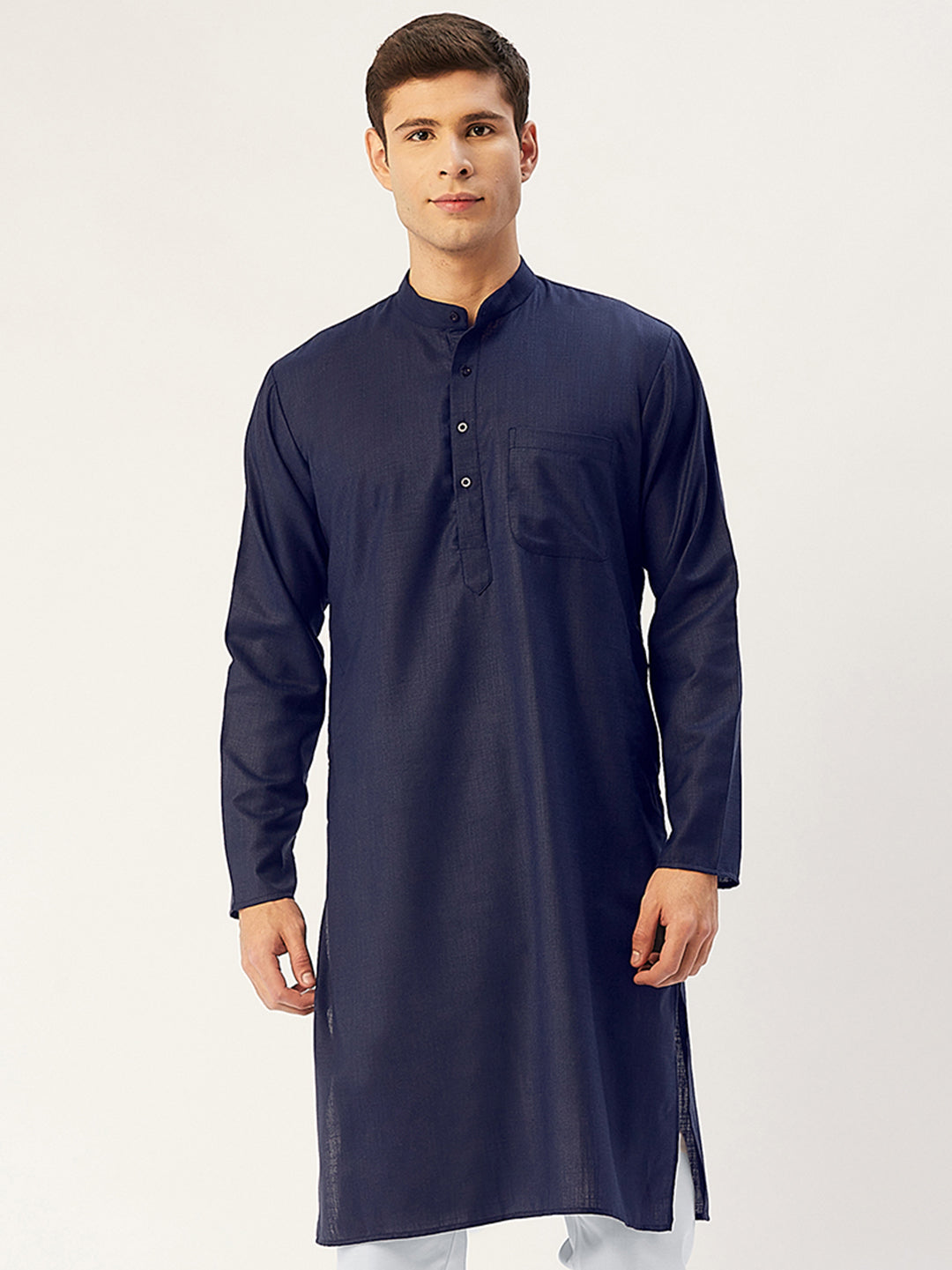 Jompers Men's Navy Cotton Solid Kurta Only