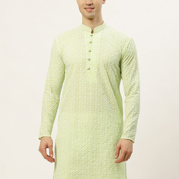 Jompers Men's Green Embroidered Kurta Only