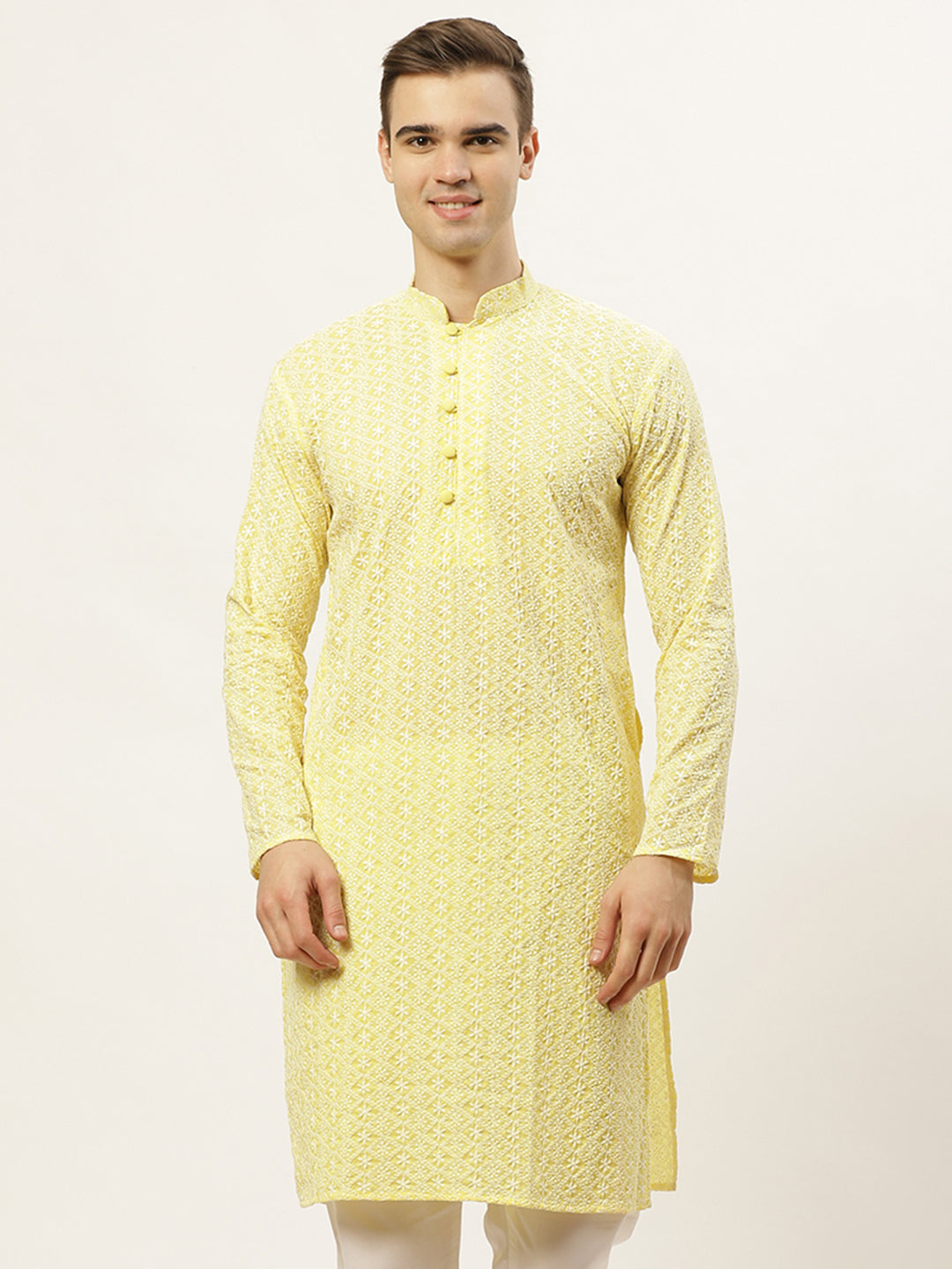 Jompers Men's Yellow Embroidered Kurta Only