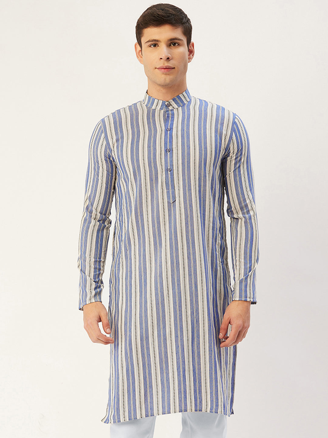 Jompers Men's Blue Cotton Striped Kurta Only
