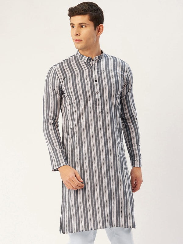 Jompers Men's Grey Cotton Striped Kurta Only