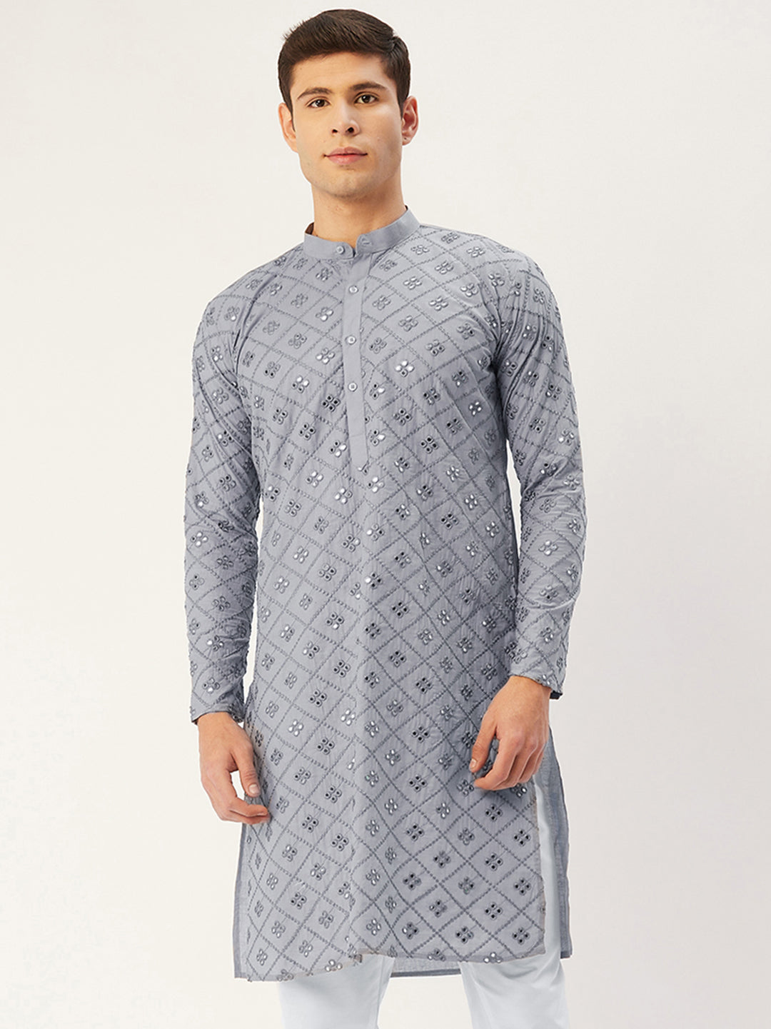 Jompers Men's Grey Embroidered Mirror Work Kurta Only