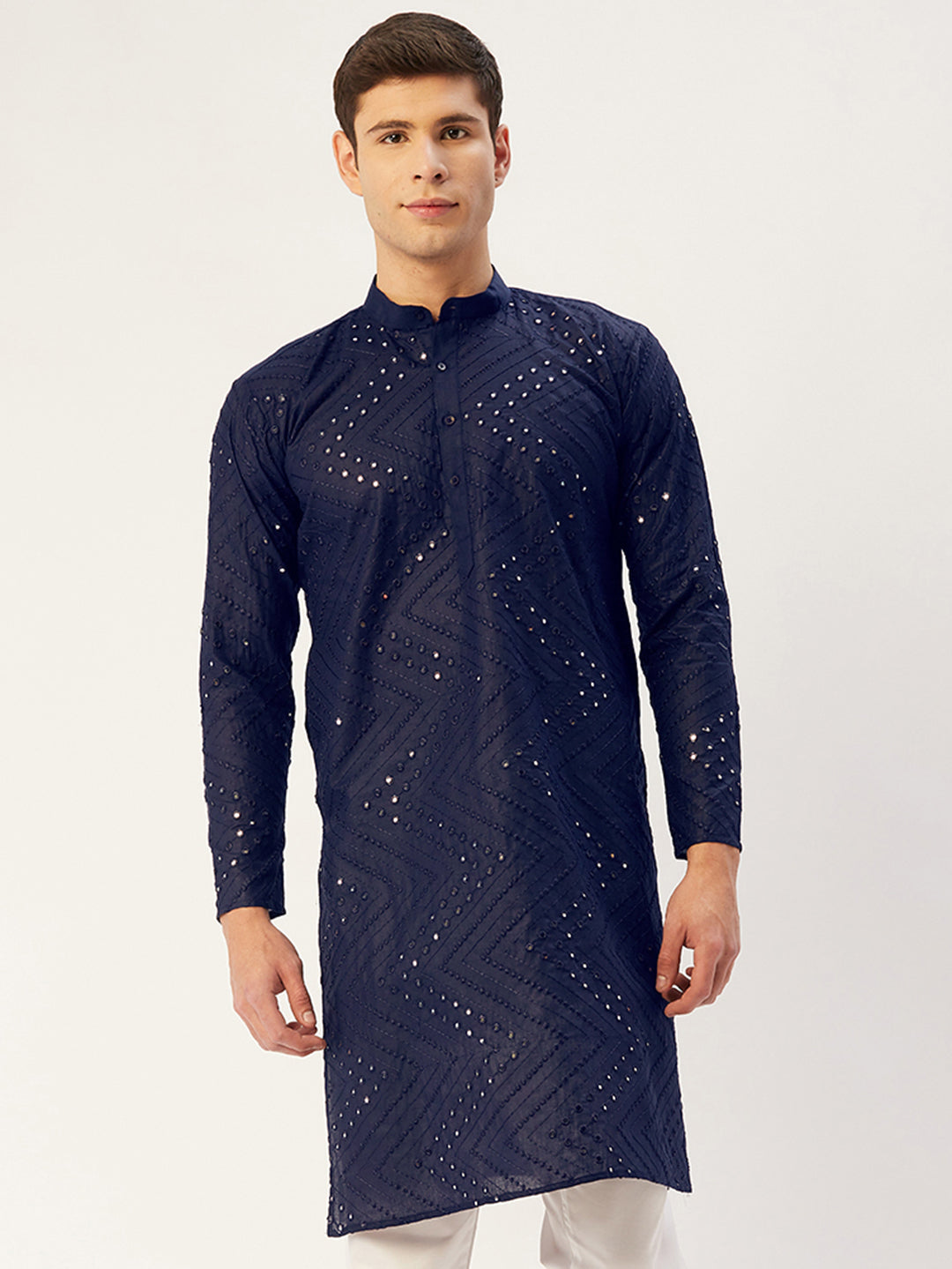 Jompers Men's Navy Embroidered Mirror Work Kurta Only