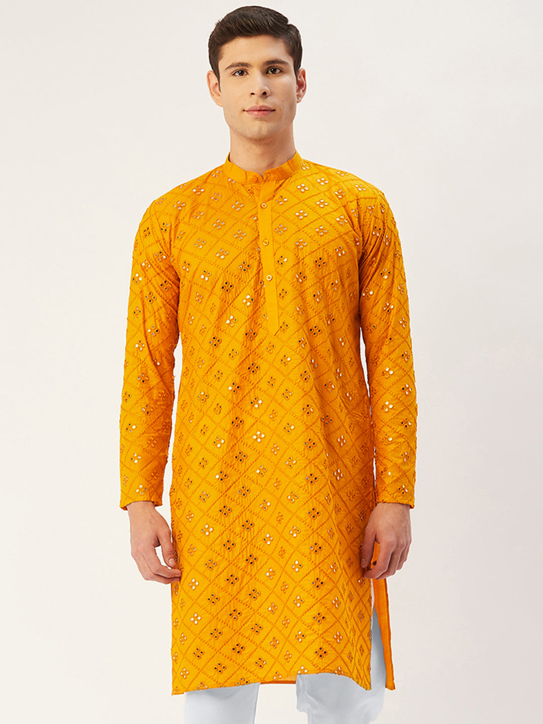 Jompers Men's Yellow Embroidered Mirror Work Kurta Only