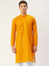 Thumbnail for Jompers Men's Yellow Embroidered Mirror Work Kurta Only