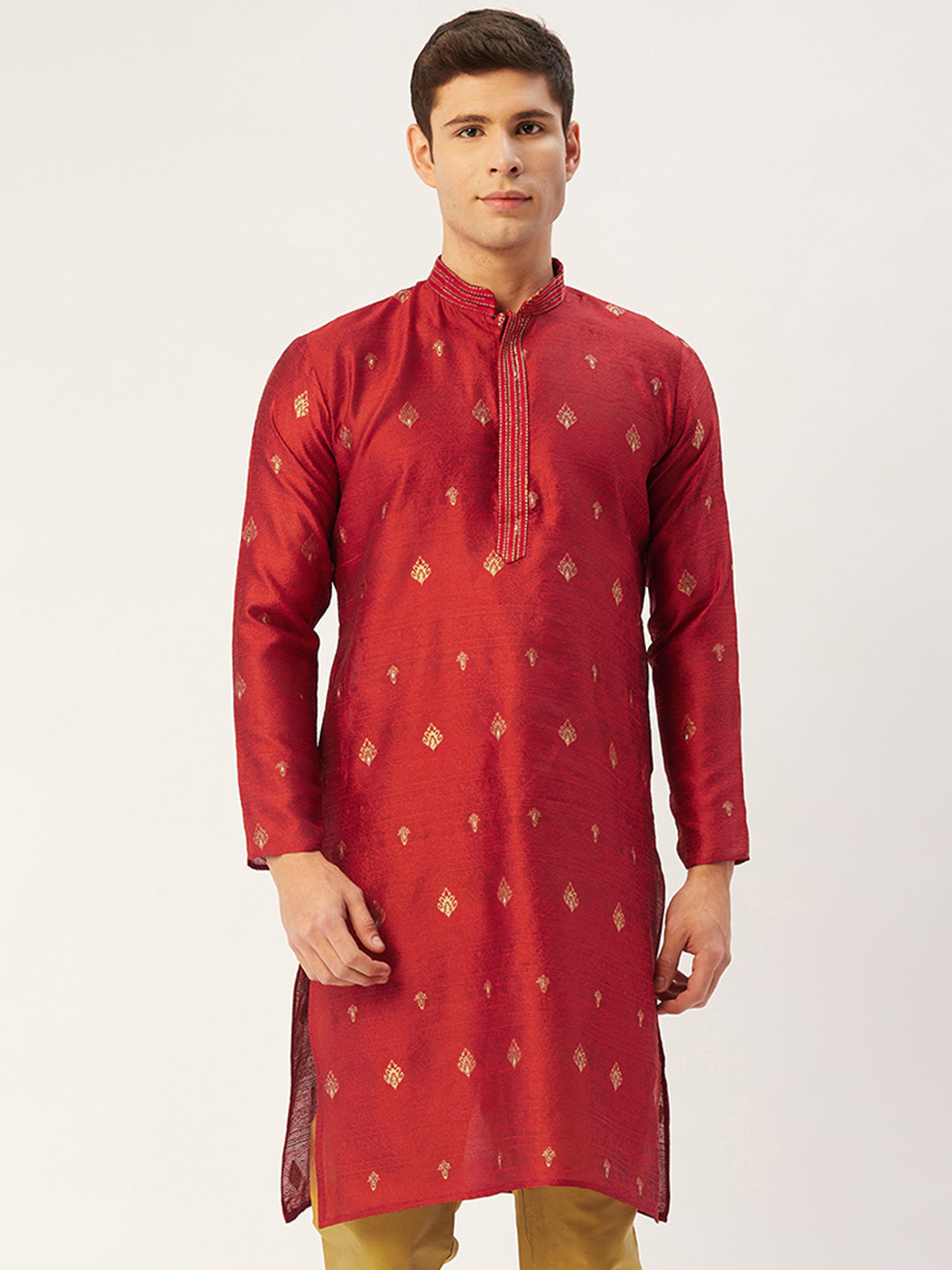 Jompers Men's Maroon Coller Embroidered Woven Design Kurta Only