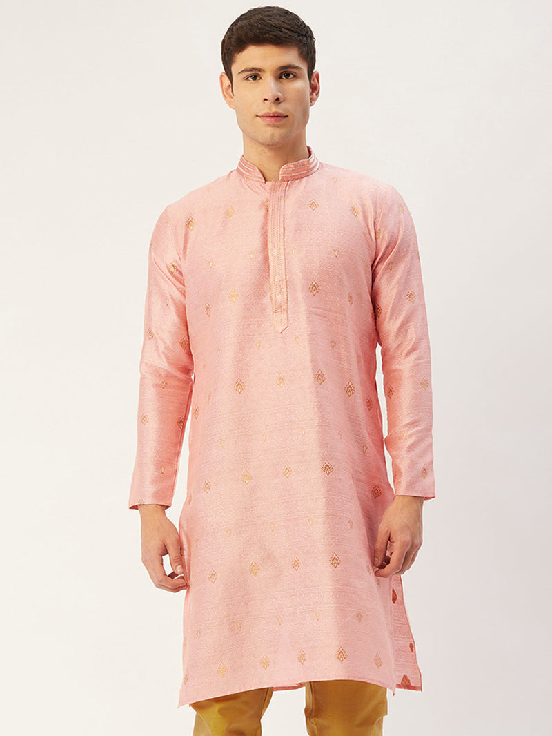 Jompers Men&#39;s Pink Coller Embroidered Woven Design Kurta Only