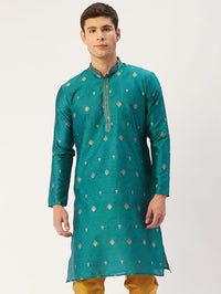 Thumbnail for Jompers Men's Teal Coller Embroidered Woven Design Kurta Only