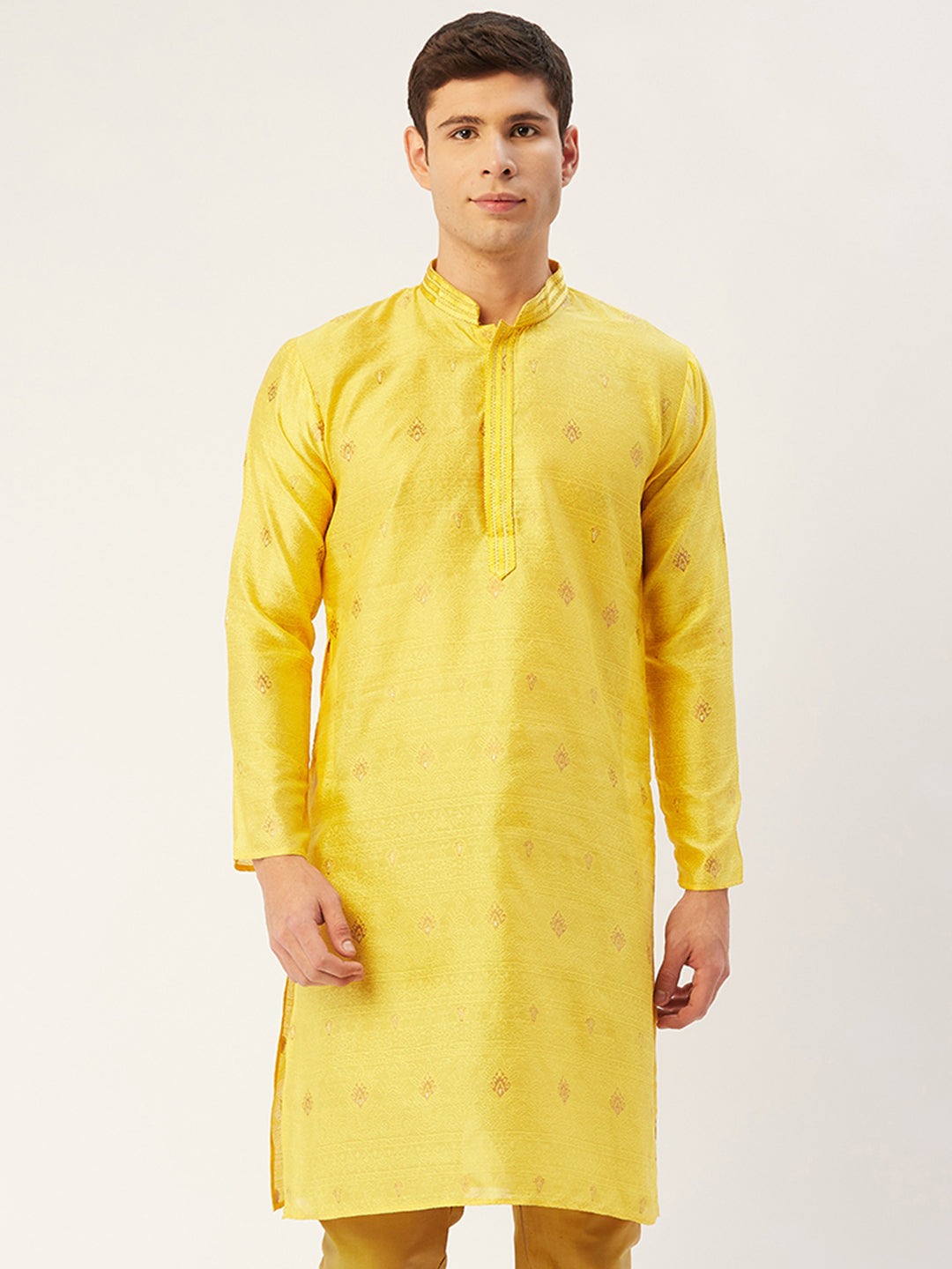 Jompers Men's Yellow Coller Embroidered Woven Design Kurta Only