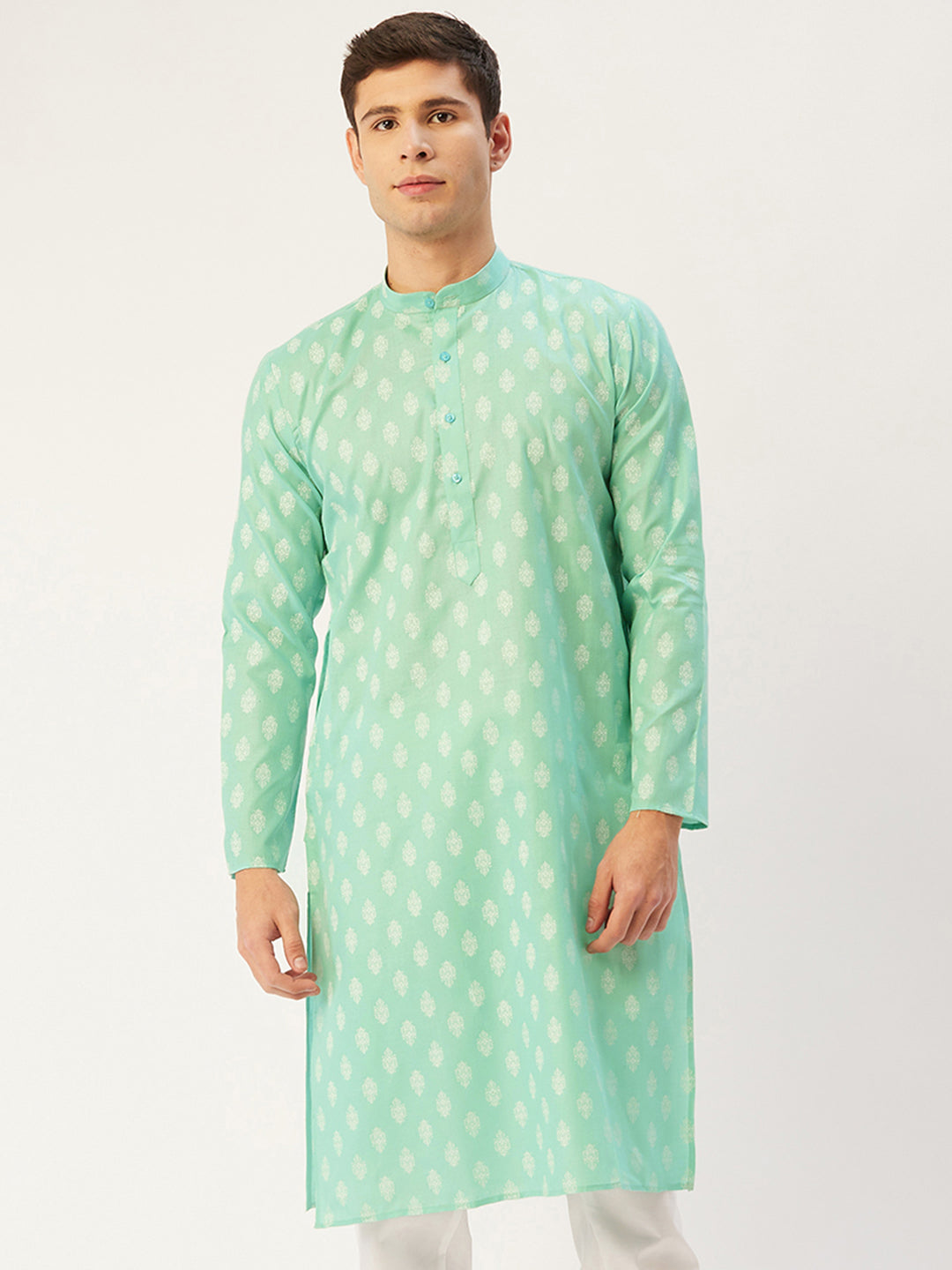 Jompers Men's Green Cotton Floral printed kurta Only