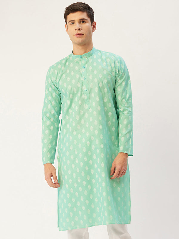 Jompers Men's Green Cotton Floral printed kurta Only