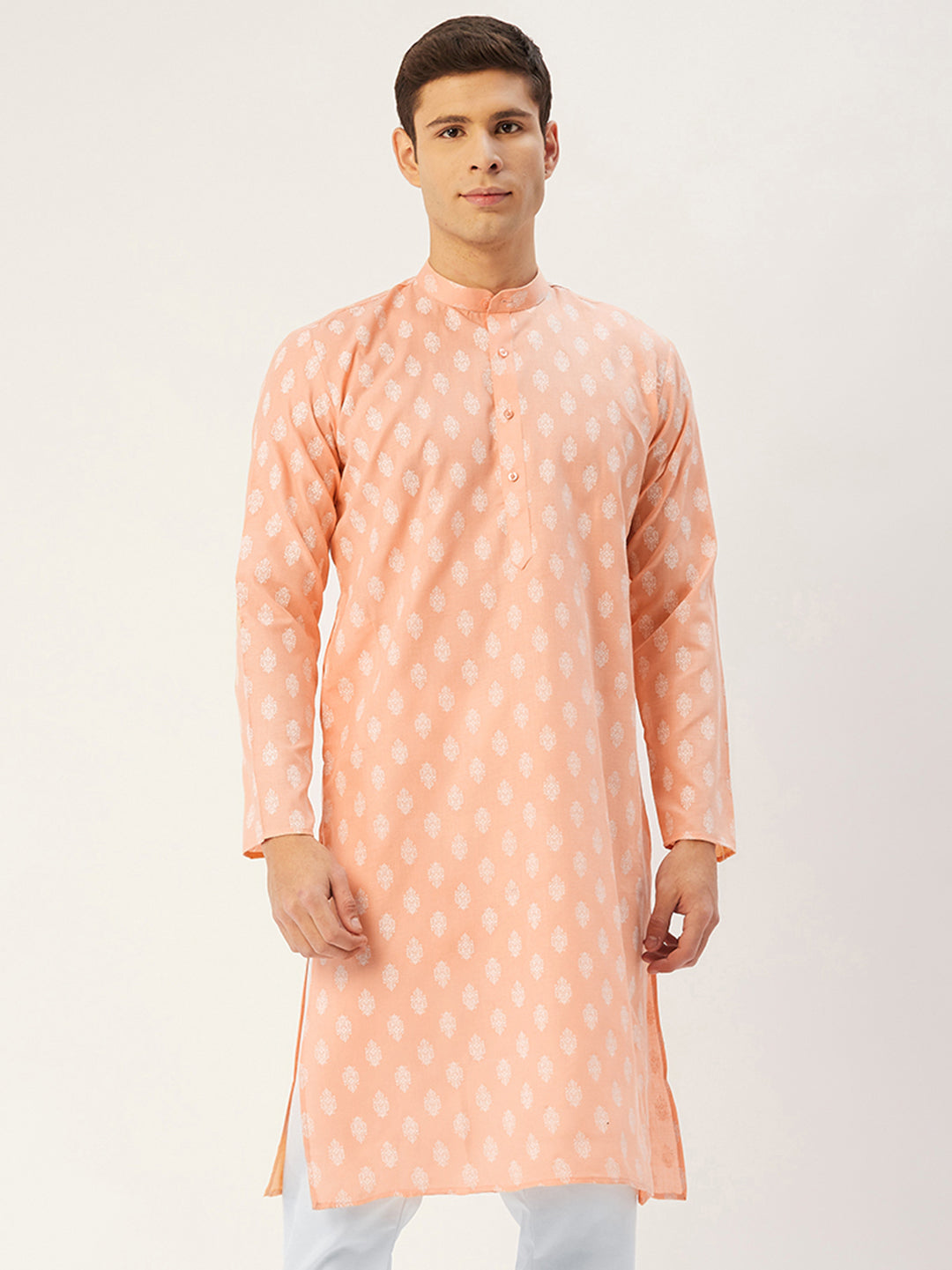 Jompers Men's Peach Cotton Floral printed kurta Only