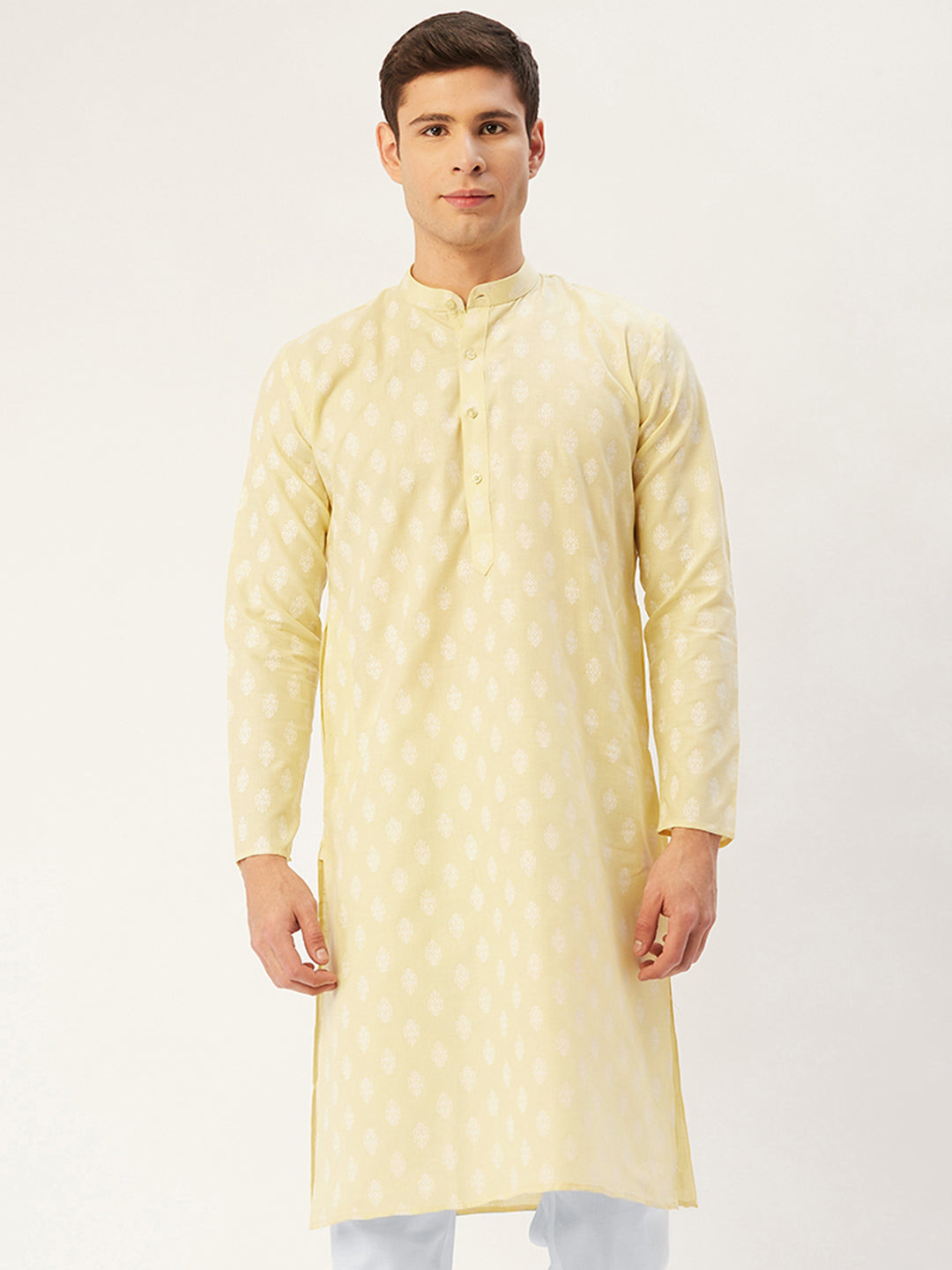 Jompers Men's Yellow Cotton Floral printed kurta Only