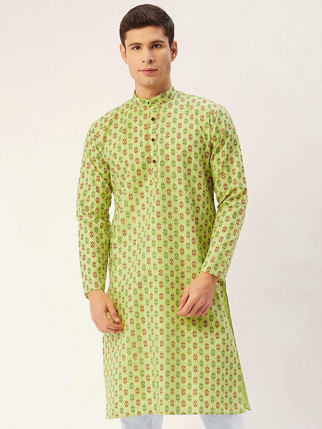 Jompers Men's Green Cotton Ikat printed kurta Only