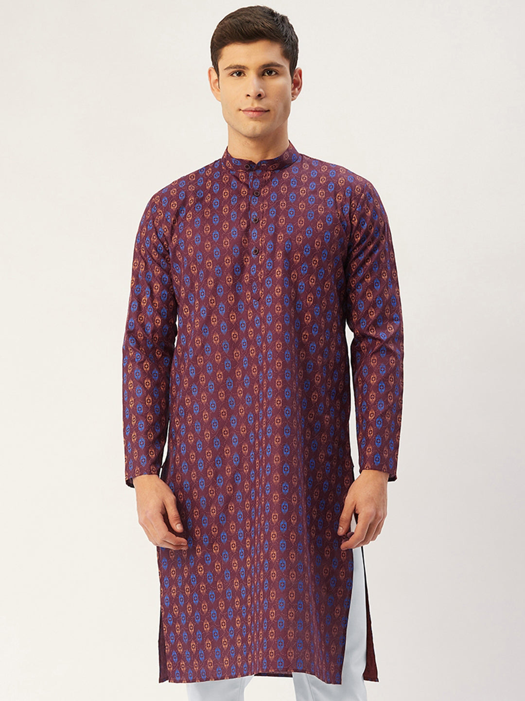 Jompers Men's Maroon Cotton Ikat printed kurta Only