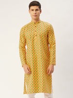 Thumbnail for Jompers Men's Mustard Cotton Ikat printed kurta Only