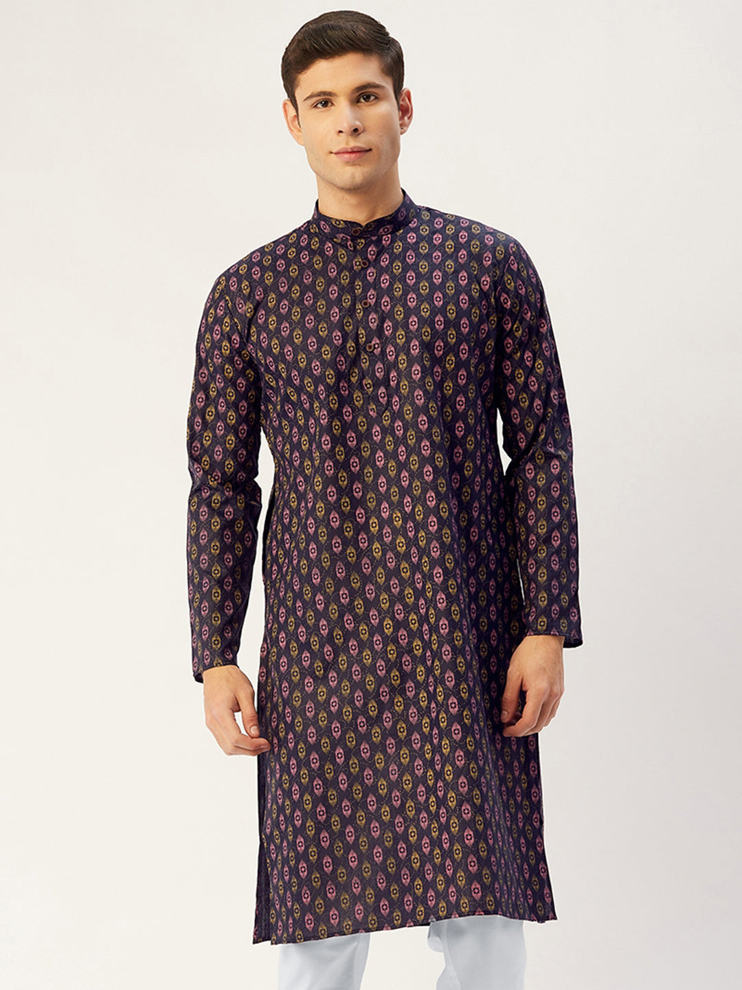 Jompers Men's Navy Cotton Ikat printed kurta Only