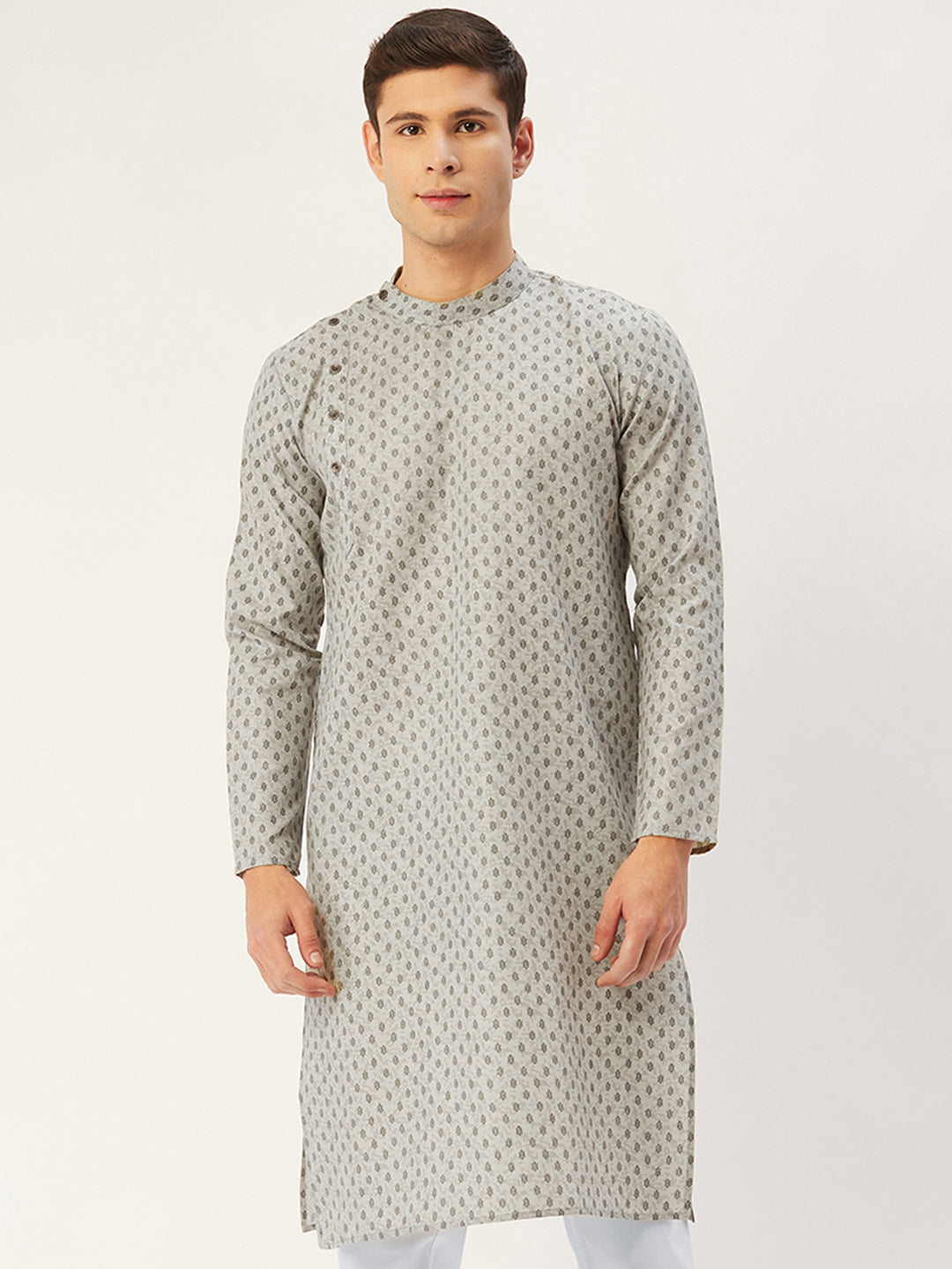 Jompers Men's Grey Cotton printed kurta Only