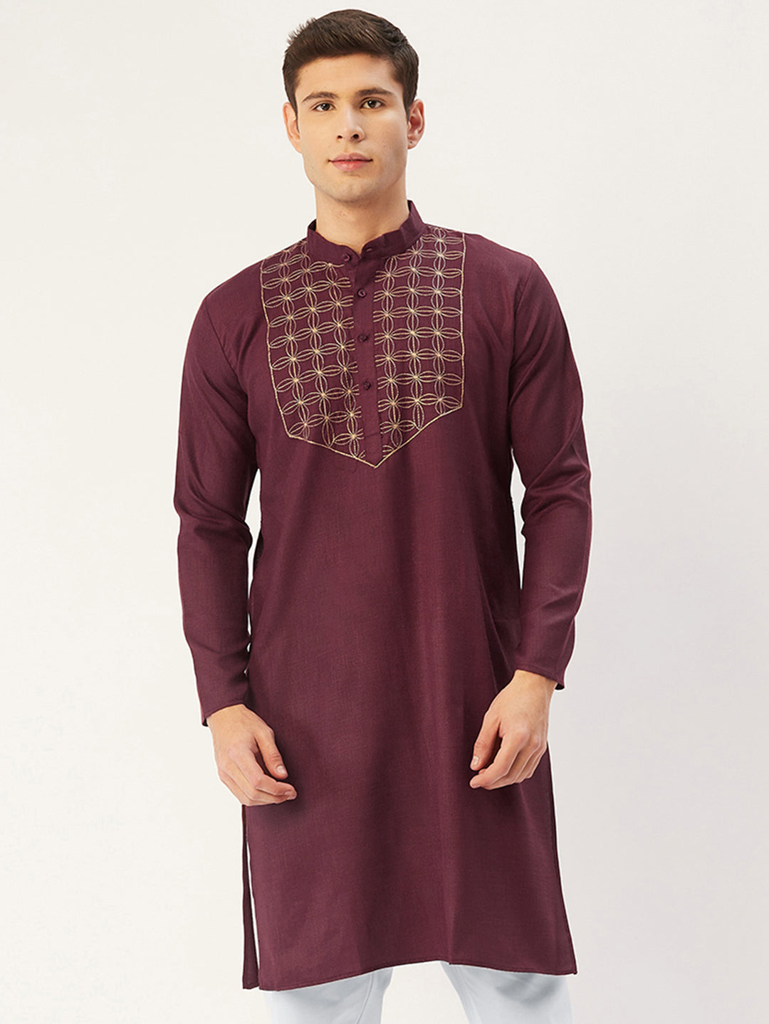 Jompers Men's Maroon Cotton Embroidered Kurta Only