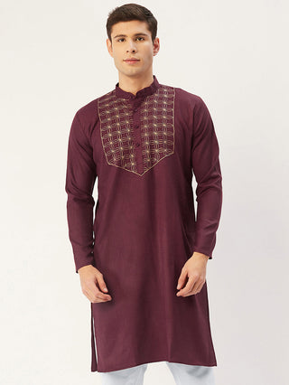 Jompers Men's Maroon Cotton Embroidered Kurta Only