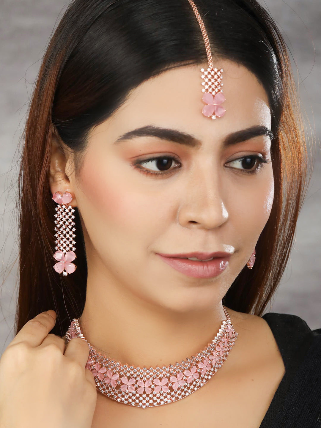 Priyaasi Women Pink American Diamond Rose Gold Plated Choker Set with MaangTikka - Distacart