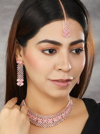 Thumbnail for Priyaasi Women Pink American Diamond Rose Gold Plated Choker Set with MaangTikka - Distacart