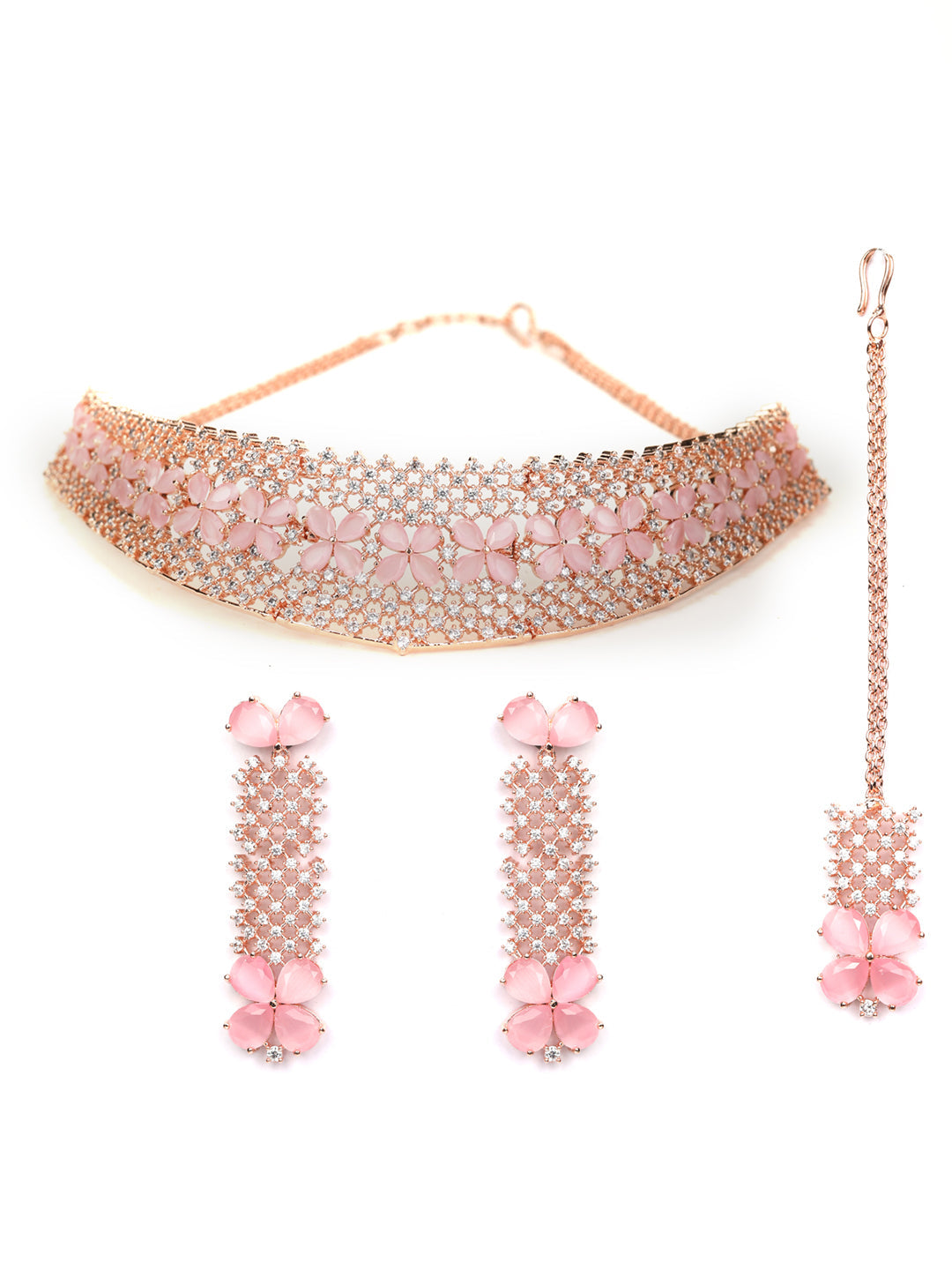 Priyaasi Women Pink American Diamond Rose Gold Plated Choker Set with MaangTikka - Distacart