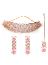 Thumbnail for Priyaasi Women Pink American Diamond Rose Gold Plated Choker Set with MaangTikka - Distacart