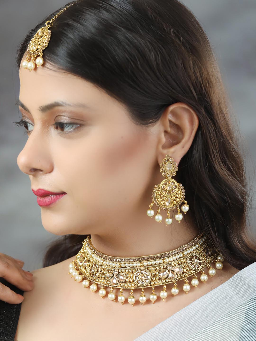Priyaasi Women White Kundan Gold Plated Choker Set with MaangTikka - Distacart