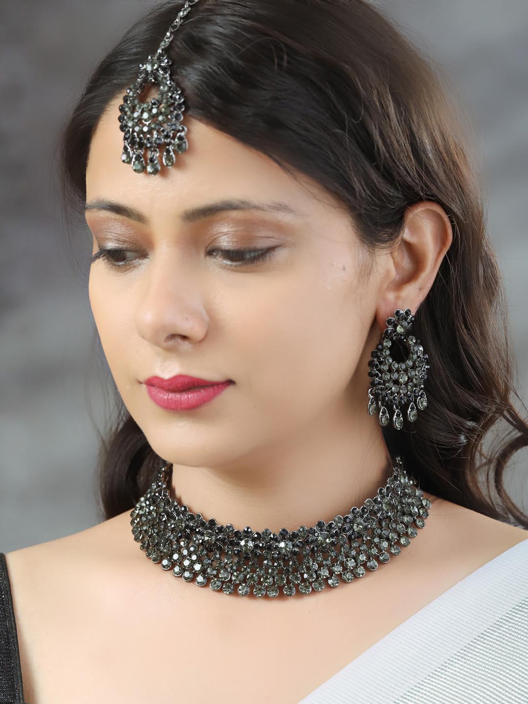 Priyaasi Women Black Green Kundan Gold Plated Choker Set with MaangTikka - Distacart