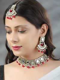 Thumbnail for Priyaasi Women White Maroon Kundan Gold Plated Choker Set with MaangTikka - Distacart