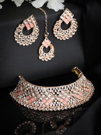 Thumbnail for Priyaasi Women Pink Kundan Stones Rose Gold Plated Choker Set with MaangTikka - Distacart