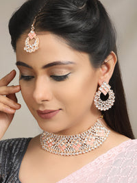 Thumbnail for Priyaasi Women Pink Kundan Stones Rose Gold Plated Choker Set with MaangTikka - Distacart